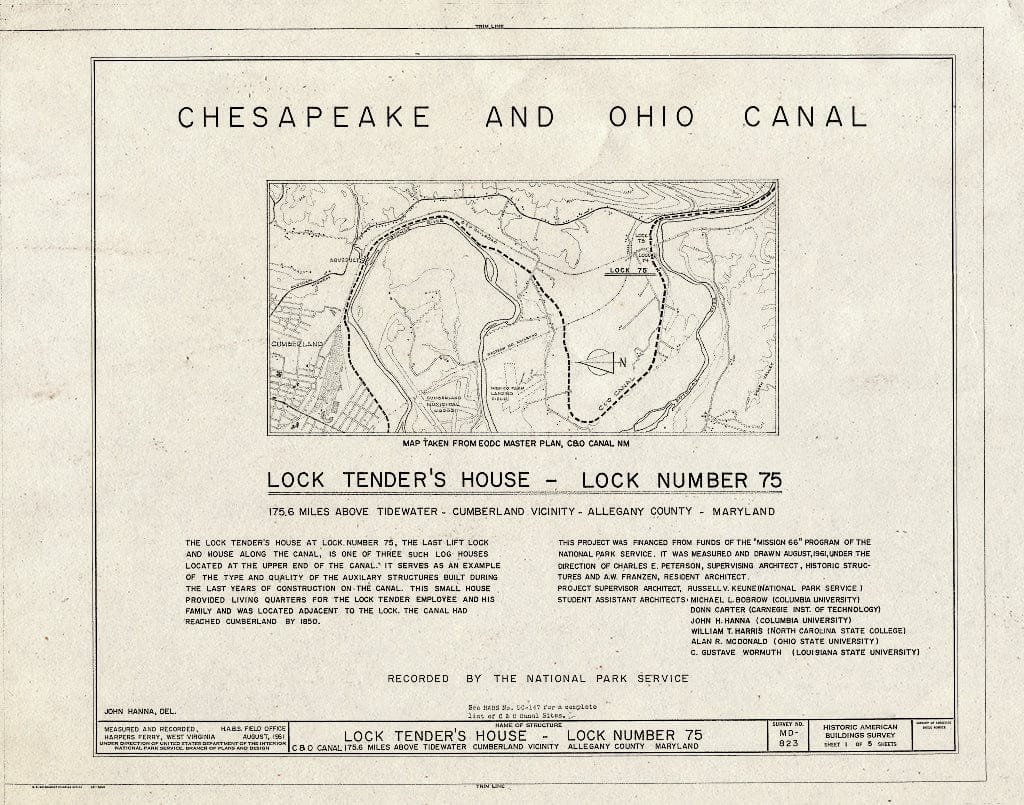 Blueprint HABS MD, 1-CUMB.V,4- (Sheet 1 of 5) - Chesapeake & Ohio Canal, Lock Tender's House at Lock 75, 175.6 Miles Above Tidewater, Cumberland, Allegany County, MD