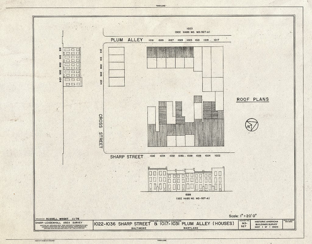Blueprint HABS MD,4-BALT,150- (Sheet 1 of 1) - 1022-1036 Sharp Street & 1017-1031 Plum Alley (Houses), Baltimore, Independent City, MD