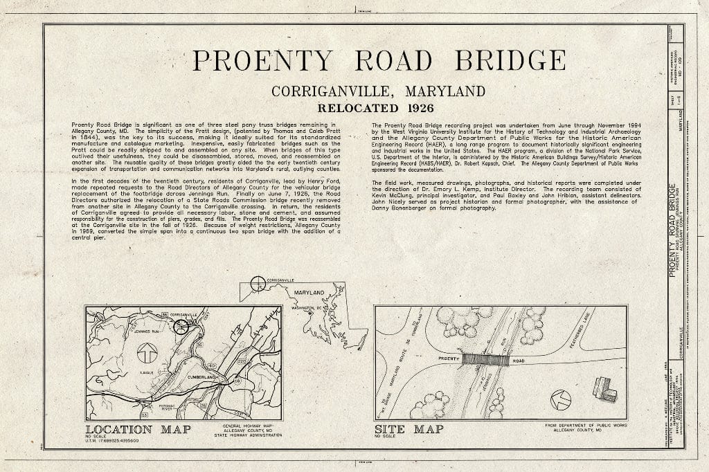 Blueprint HAER MD,1-COR,1- (Sheet 1 of 6) - Proenty Road Bridge, Spanning Jennings Run at Proenty Road, Corriganville, Allegany County, MD