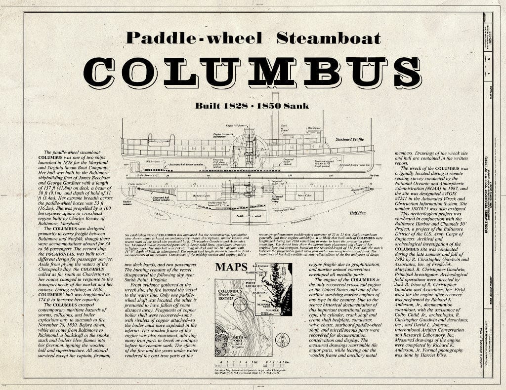 Blueprint Paddle-Wheel Steamboat Columbus, Title Sheet - Steamboat Columbus, Submerged South-Southeast of Point Lookout, Scotland, St. Mary's County, MD
