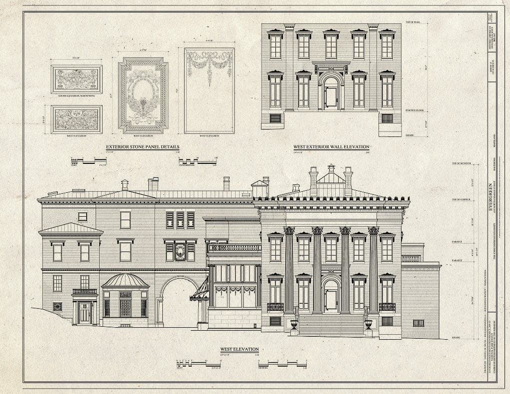 Blueprint West Elevation, West Exterior Wall Elevation, and Exterior Stone Panel Details - Evergreen, 4545 North Charles Street, Baltimore, Independent City, MD
