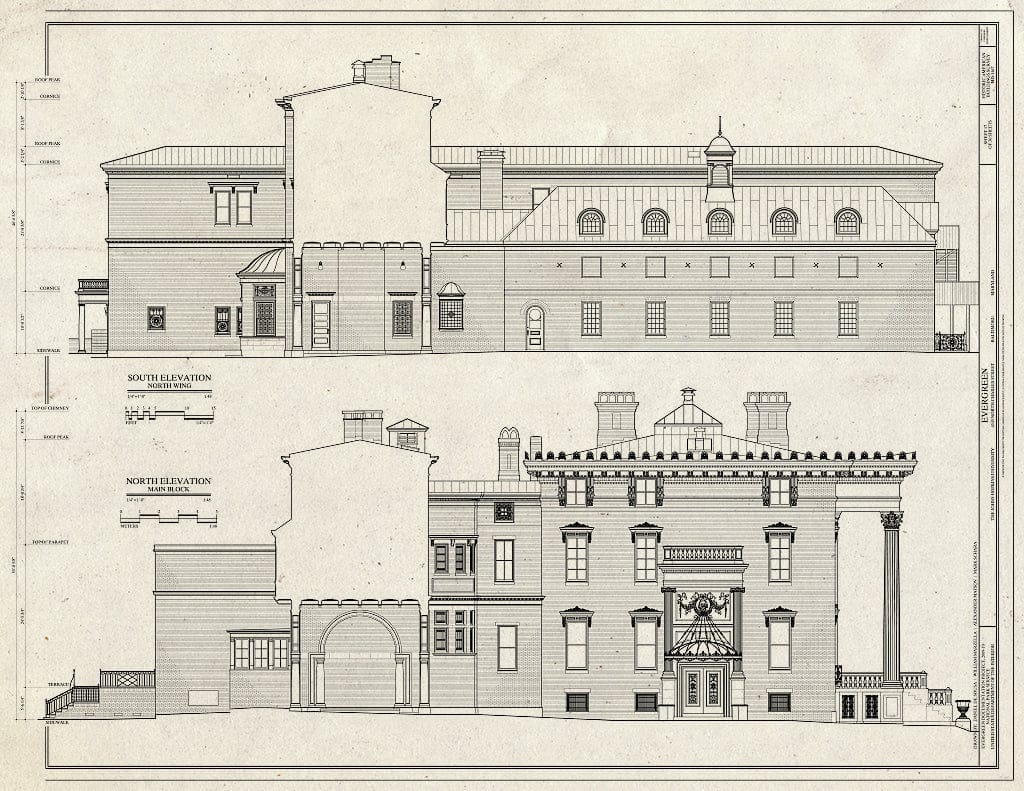 Blueprint South Elevation North Wing and North Elevation Main Block - Evergreen, 4545 North Charles Street, Baltimore, Independent City, MD