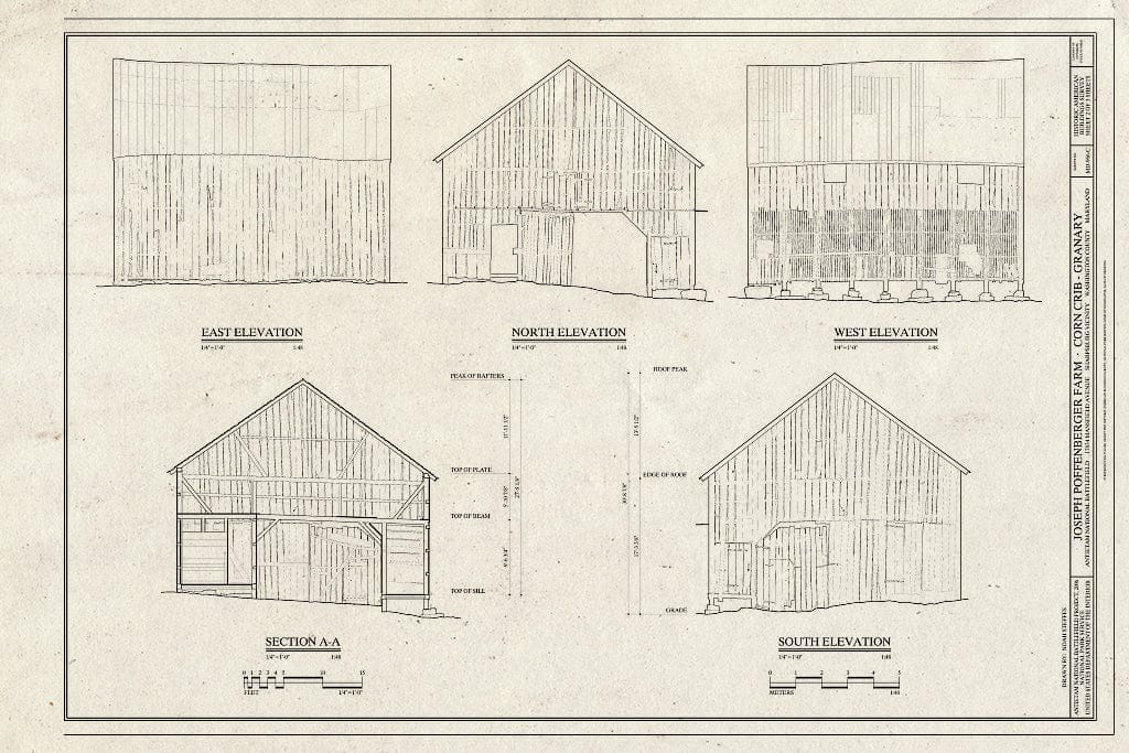 Blueprint North, South, East, west elevations; Section a-a - Joseph Poffenberger Farm, Corn Crib - Granary, 17834 Mansfield Avenue, Sharpsburg, Washington County, MD