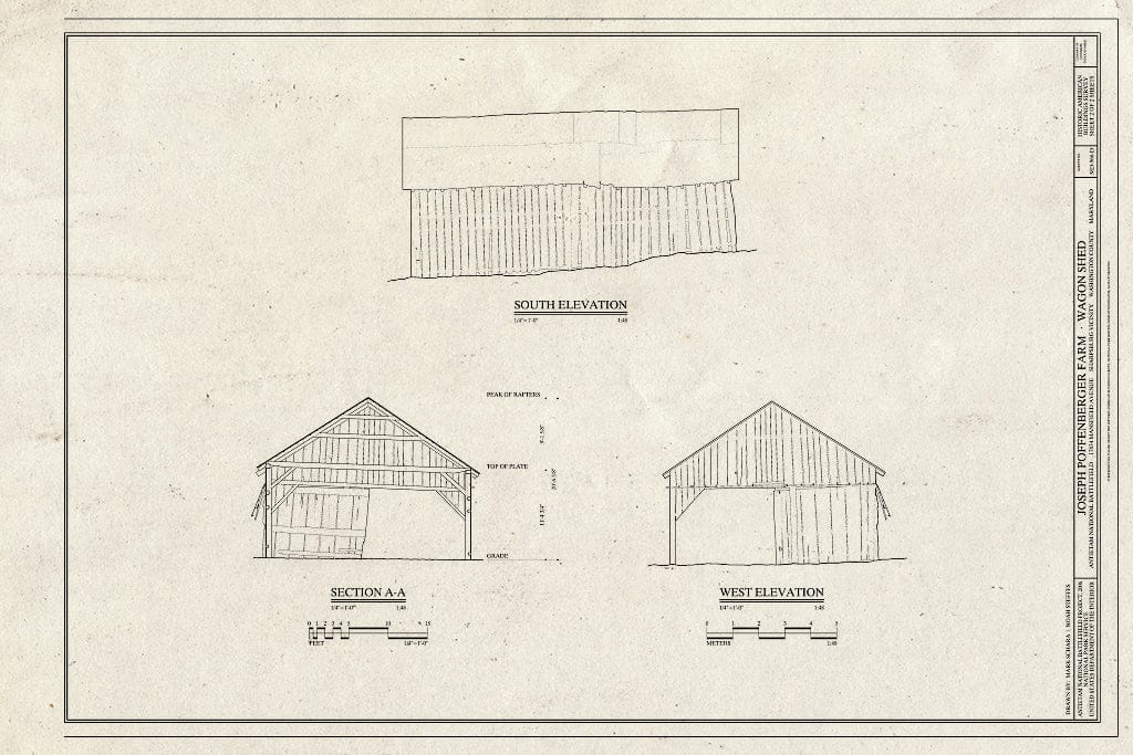 Blueprint South and west elevations; Section a-a - Joseph Poffenberger Farm, Wagon Shed, 17834 Mansfield Avenue, Sharpsburg, Washington County, MD