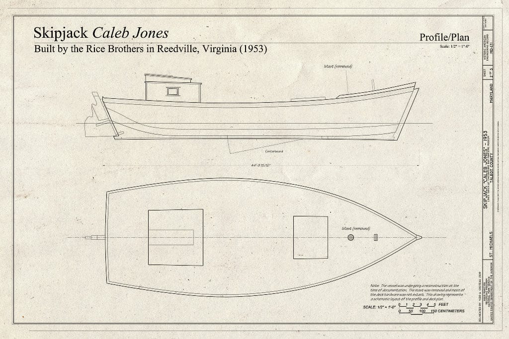 Blueprint Profile/Plan - Skipjack Caleb Jones, Chesapeake Bay Maritime Museum, Saint Michaels, Talbot County, MD