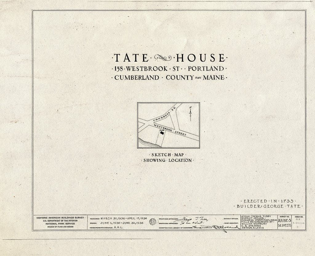 Blueprint HABS ME,3-STROWA,1- (Sheet 0 of 14) - Tate House, 158 Westbrook Street, Stroudwater, Cumberland County, ME
