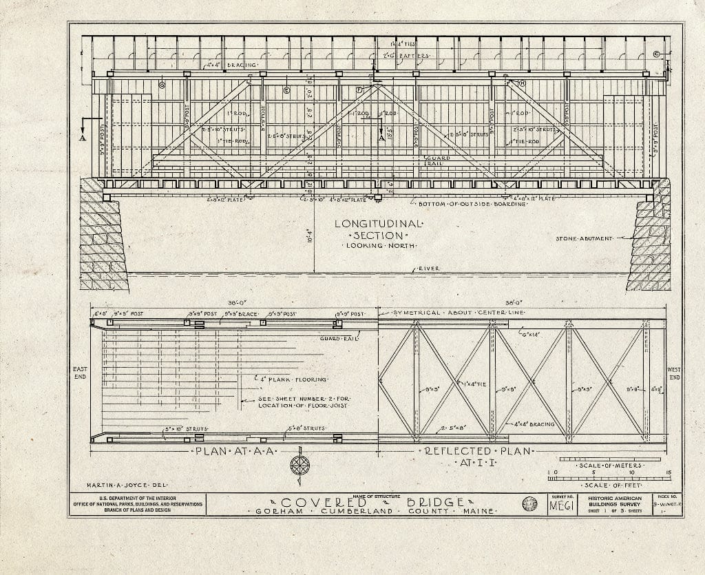 Blueprint Longitudinal Section, Plan at A-A, Reflected Plan at I-I - Covered Bridge, Harry Cane Road Spanning Presumpscot River, South Windham, Cumberland County, ME