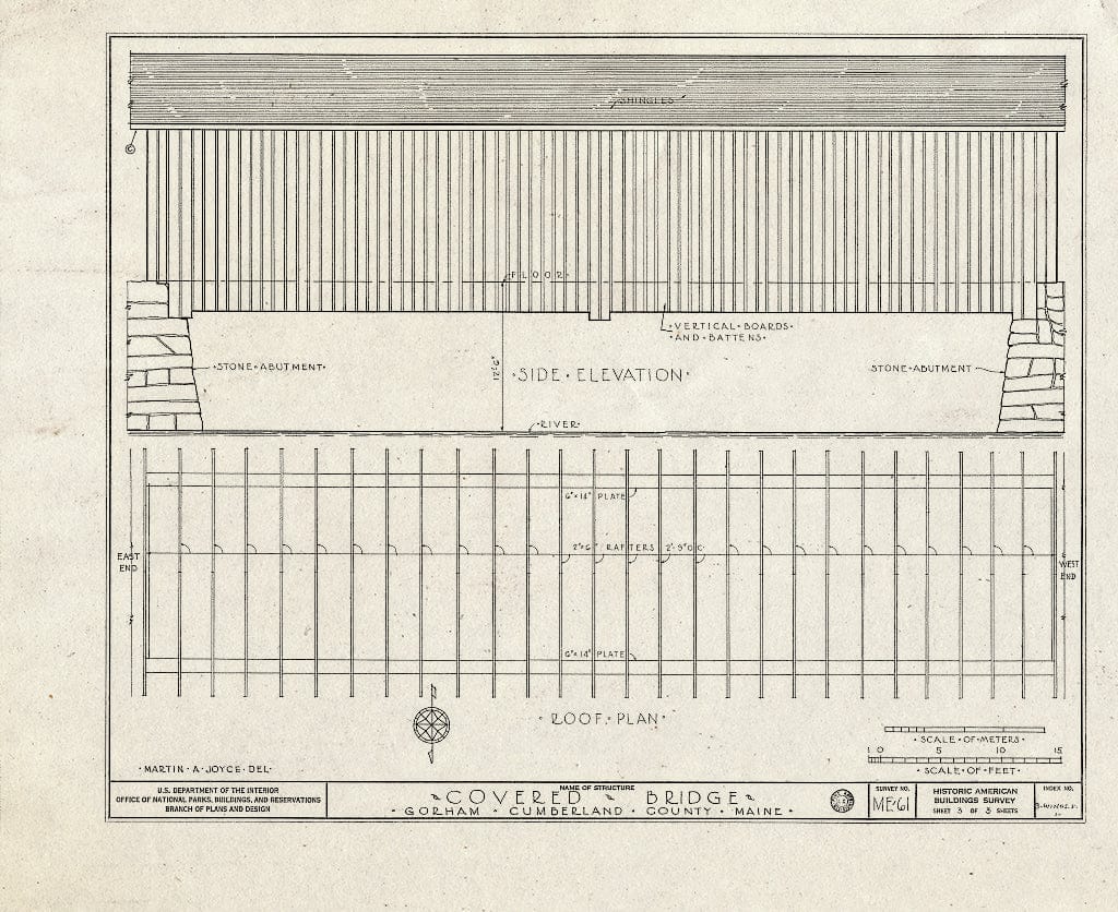 Blueprint Side Elevation, Roof Plan - Covered Bridge, Harry Cane Road Spanning Presumpscot River, South Windham, Cumberland County, ME