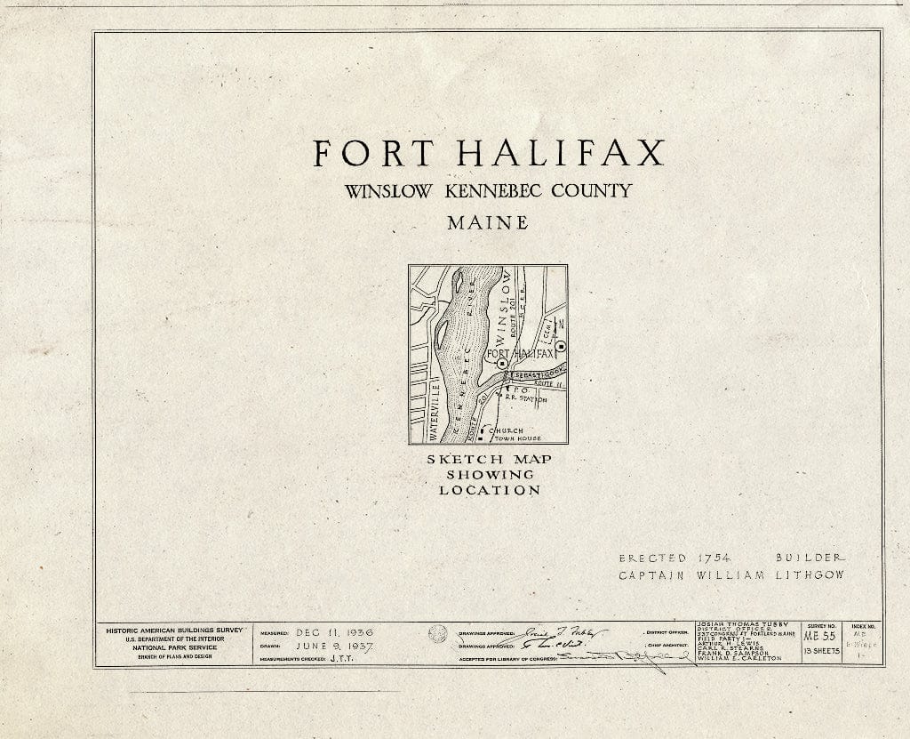 Blueprint HABS ME,6-WINLO,1- (Sheet 0 of 13) - Fort Halifax, U.S. Route 201, Winslow, Kennebec County, ME