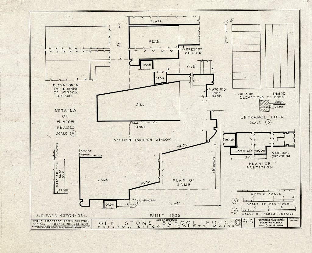 Blueprint HABS ME,8-BRIST.V,1- (Sheet 3 of 4) - Old Stone School House, State Route 130, Bristol, Lincoln County, ME