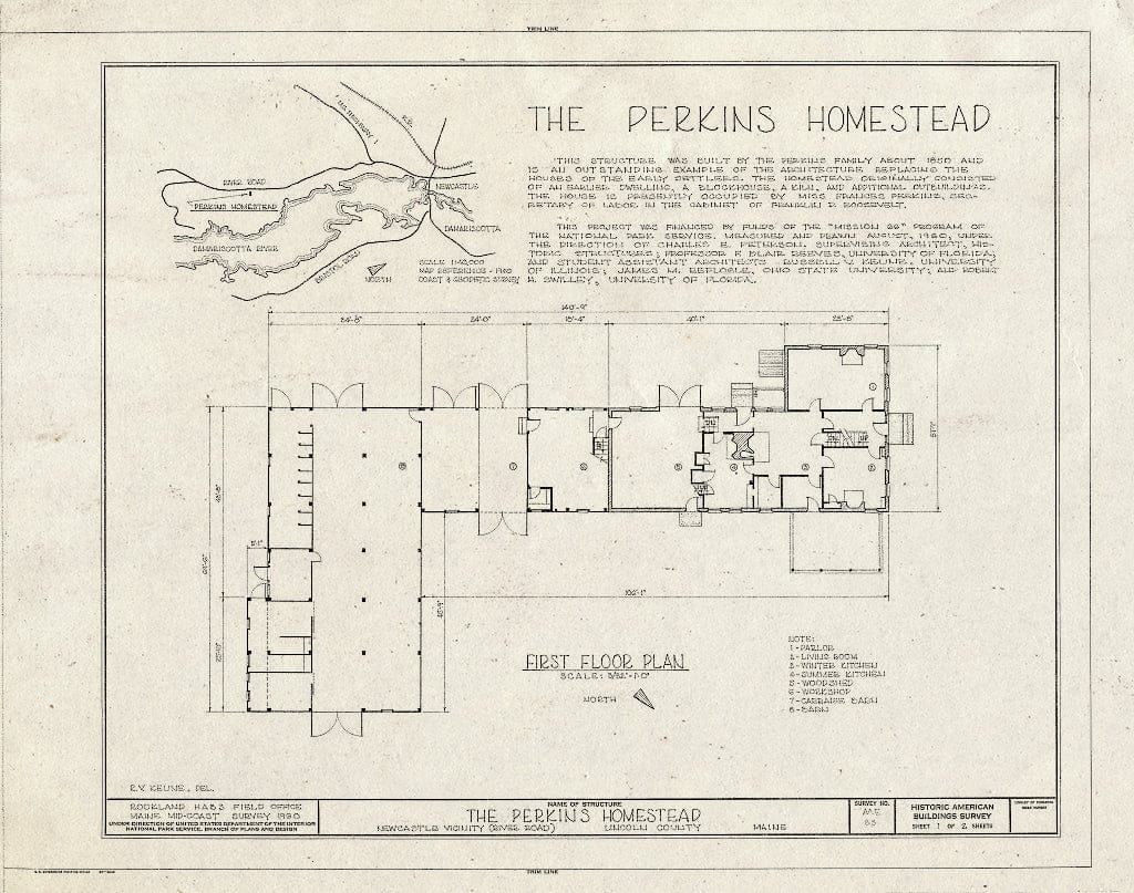 Blueprint HABS ME,8-NEWC,2- (Sheet 1 of 2) - Perkins Homestead, East Side of River Road, South of U.S. Route 1, Newcastle, Lincoln County, ME