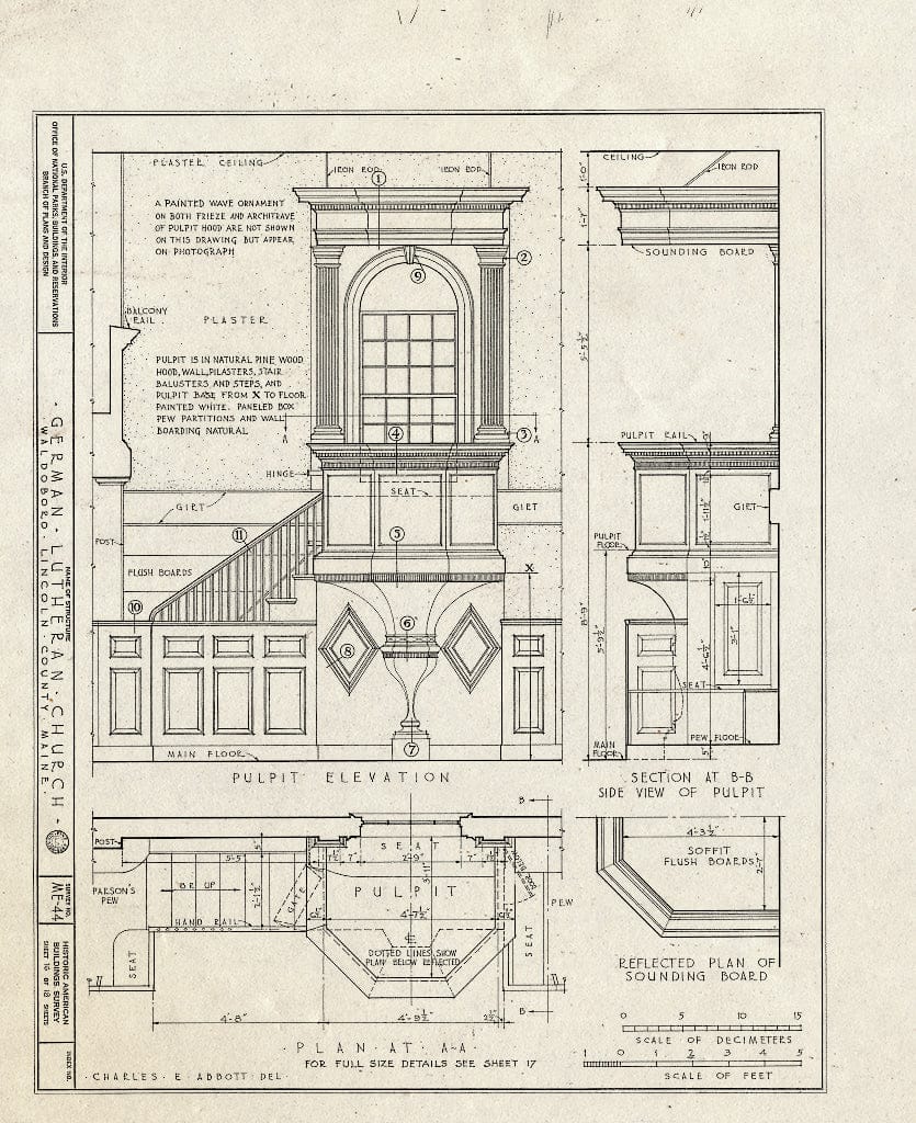Blueprint HABS ME,8-WABO,1- (Sheet 16 of 18) - German Lutheran Church, State Route 32, Waldoboro, Lincoln County, ME