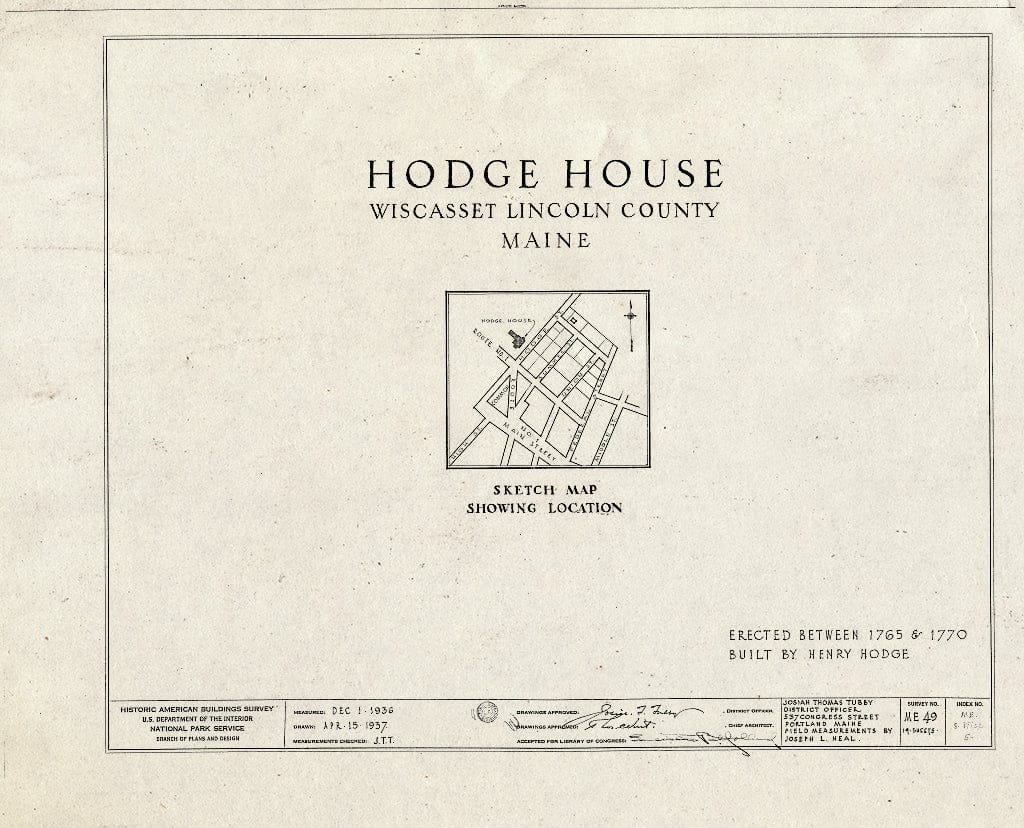 Blueprint HABS ME,8-WISC,5- (Sheet 0 of 19) - Hodge House, Hodge Street & Route 1, Wiscasset, Lincoln County, ME