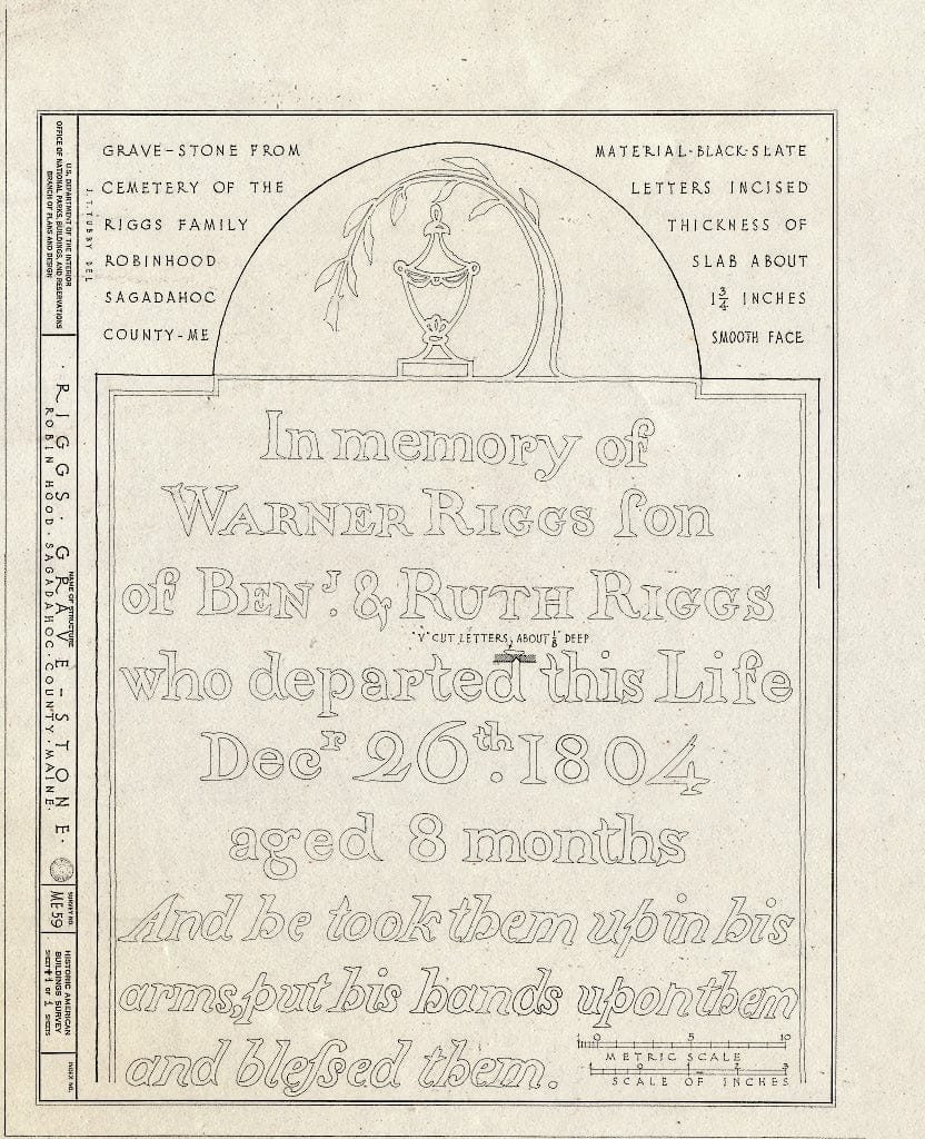 Blueprint HABS ME,12-ROB,7- (Sheet 1 of 1) - Riggs Gravestone, Riggs Family Cemetery,Riggs Cove, Robinhood, Sagadahoc County, ME