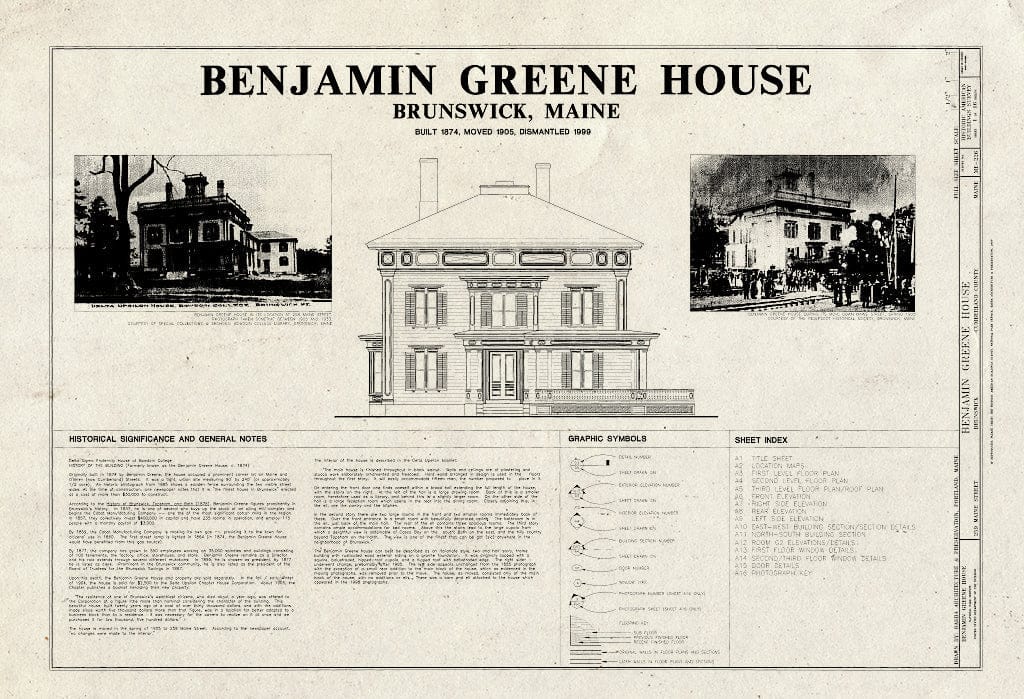 Blueprint HABS ME-226 (Sheet 1 of 16) - Benjamin Greene House, 259 Maine Street, Brunswick, Cumberland County, ME