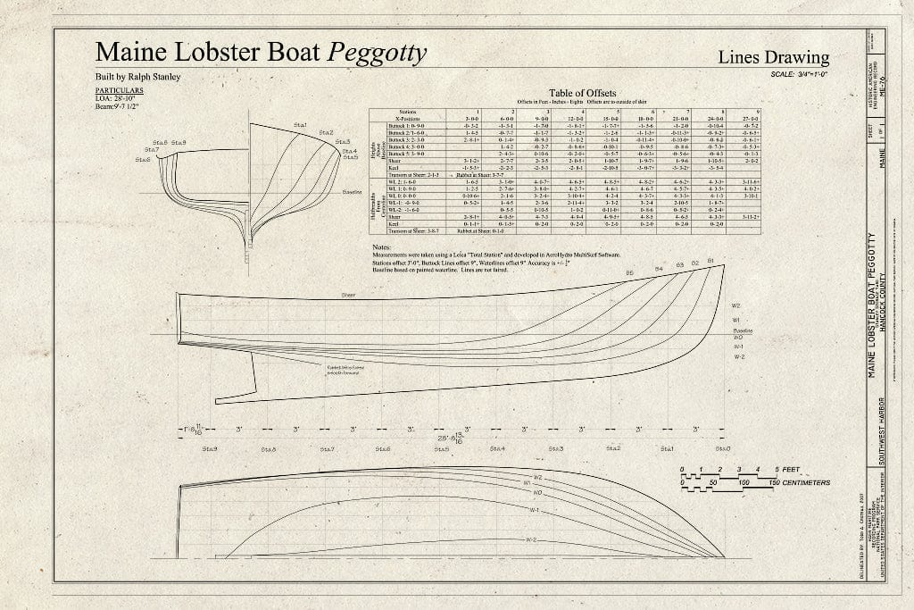 Blueprint Maine Lobster Boat Peggotty, Lines Drawing - Maine Lobster Boat Peggotty, Stanley Storage Yard, Southwest Harbor, Hancock County, ME
