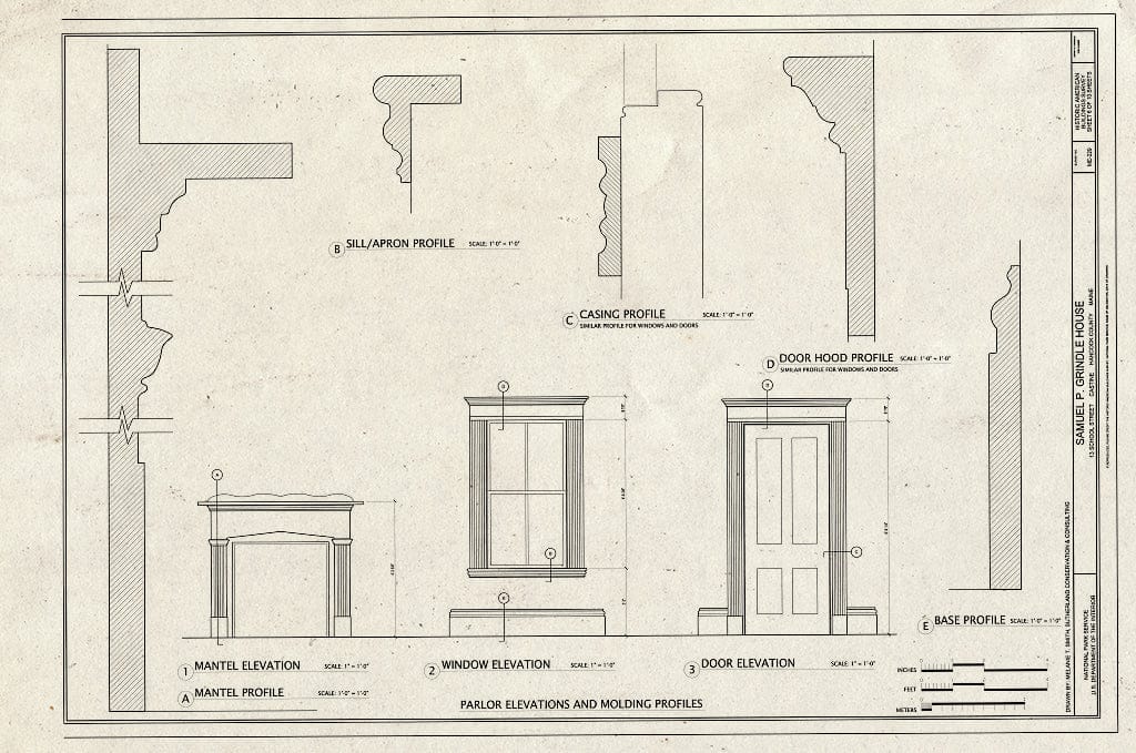 Blueprint Parlor Elevations and Molding Profiles - Samuel P. Grindle House, 13 School Street, Castine, Hancock County, ME
