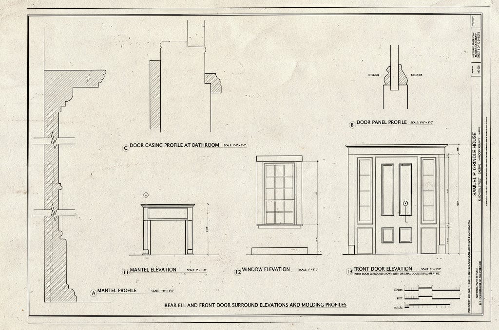 Blueprint Rear Ell and Front Door Surround Elevations and Molding Profiles - Samuel P. Grindle House, 13 School Street, Castine, Hancock County, ME