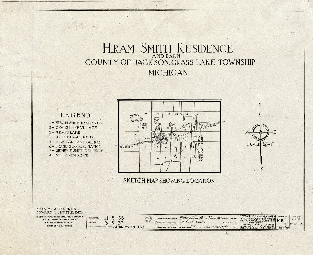Blueprint HABS MICH,38-GRALA,1- (Sheet 0 of 3) - Hiram Smith House & Barn, Michigan & Wolf Lake Roads, Grass Lake, Jackson County, MI