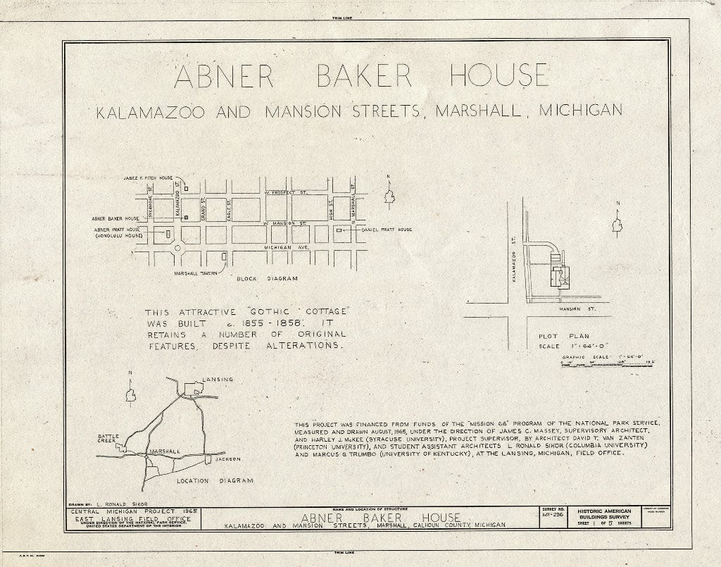 Blueprint HABS MICH,13-Marsh,8- (Sheet 1 of 5) - Abner Baker House, 318 West Mansion Street, Marshall, Calhoun County, MI