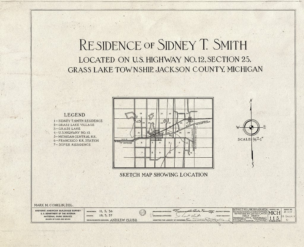 Blueprint HABS MICH,38-GRALA.V,2- (Sheet 0 of 7) - Sidney T. Smith House, Michigan Avenue (U.S. Route 12), Grass Lake, Jackson County, MI