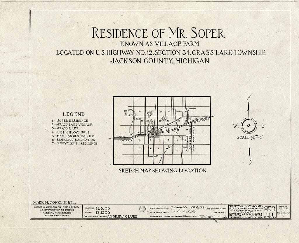 Blueprint HABS MICH,38-GRALA.V,1- (Sheet 0 of 8) - Soper Residence, 971 Michigan Avenue (U.S. Route 12), Grass Lake, Jackson County, MI