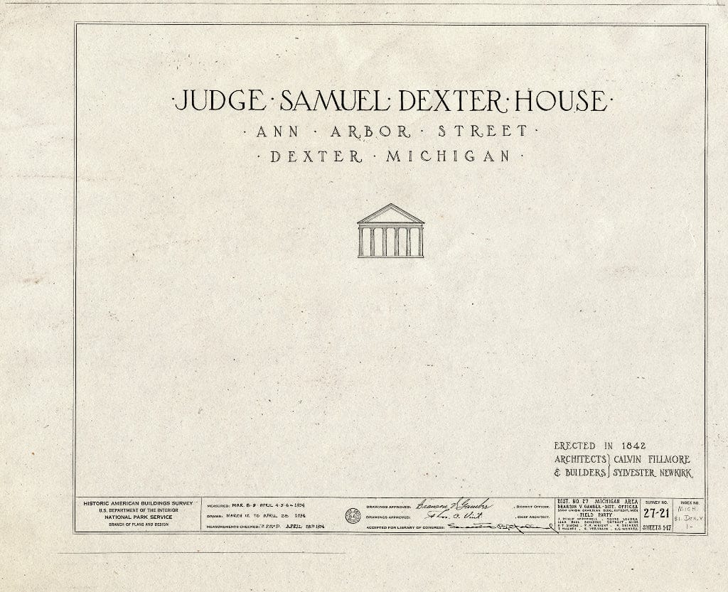 Blueprint HABS MICH,81-DEX.V,1- (Sheet 0 of 17) - Judge Samuel Dexter Country House, 8401 Ann Arbor Street, Dexter, Washtenaw County, MI