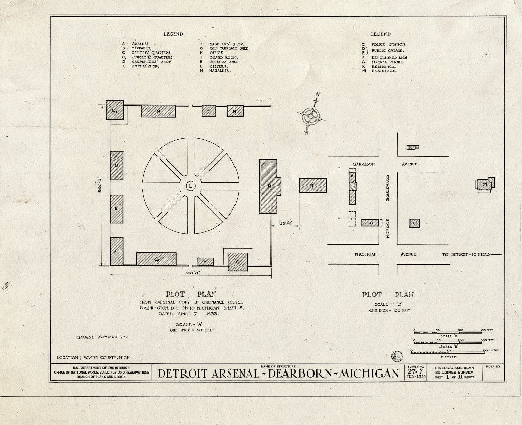 Blueprint HABS MICH,82-DERB,1- (Sheet 1 of 11) - Detroit Arsenal, Michigan Avenue & Monroe Boulevard, Dearborn, MI