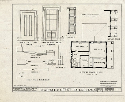 Blueprint 2. Second Floor Plan; Window and Door Details - Arden H. Ballard House, 218 North Washington Street, Ypsilanti, Washtenaw County, MI