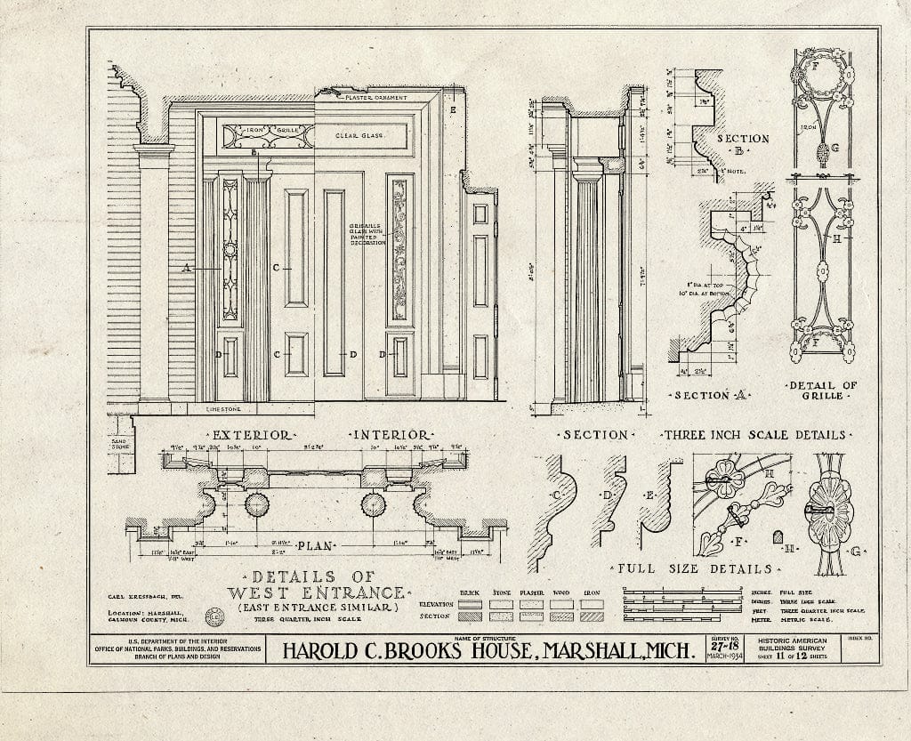 Blueprint HABS MICH,13-Marsh,1- (Sheet 11 of 12) - Harold Craig Brooks House, North Kalamazoo Avenue & Prospect Street, Marshall, Calhoun County, MI