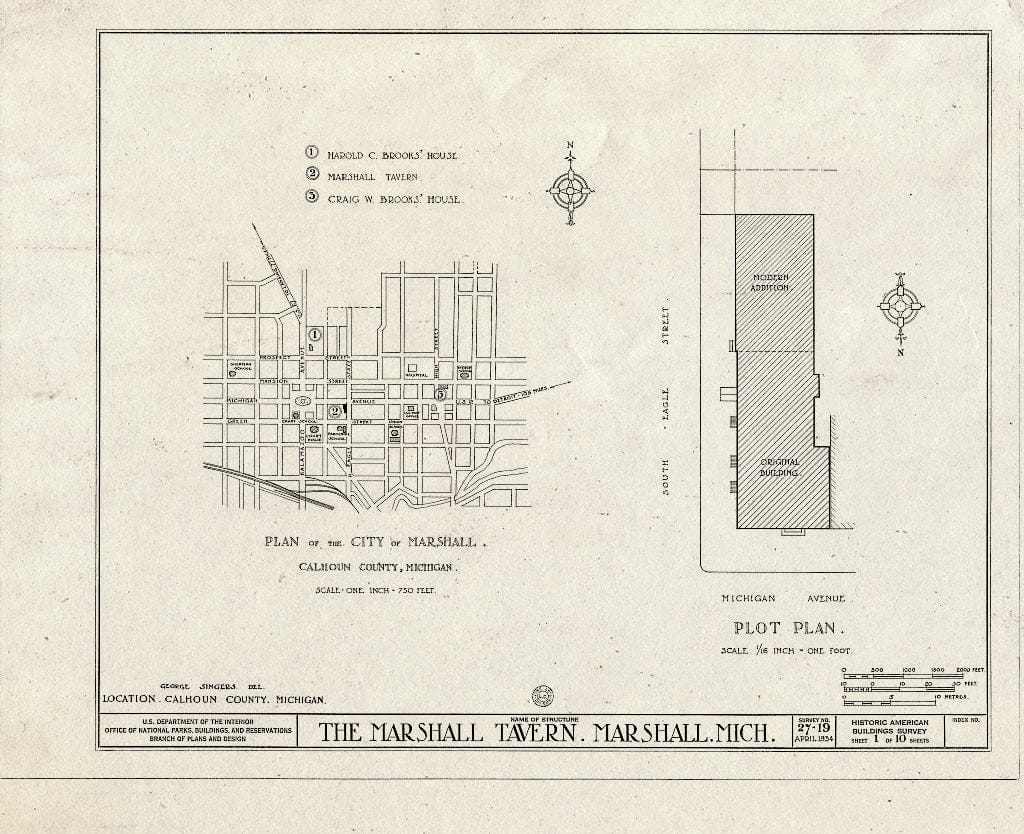 Blueprint HABS MICH,13-Marsh,2- (Sheet 1 of 10) - Marshall Tavern, Michigan Avenue & Eagle Street, Marshall, Calhoun County, MI