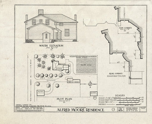 Blueprint 5. South Elevation, plot Plan, Main and Rear cornices - Alfred Moore House, West Warren & Ridge Roads, Canton, Wayne County, MI
