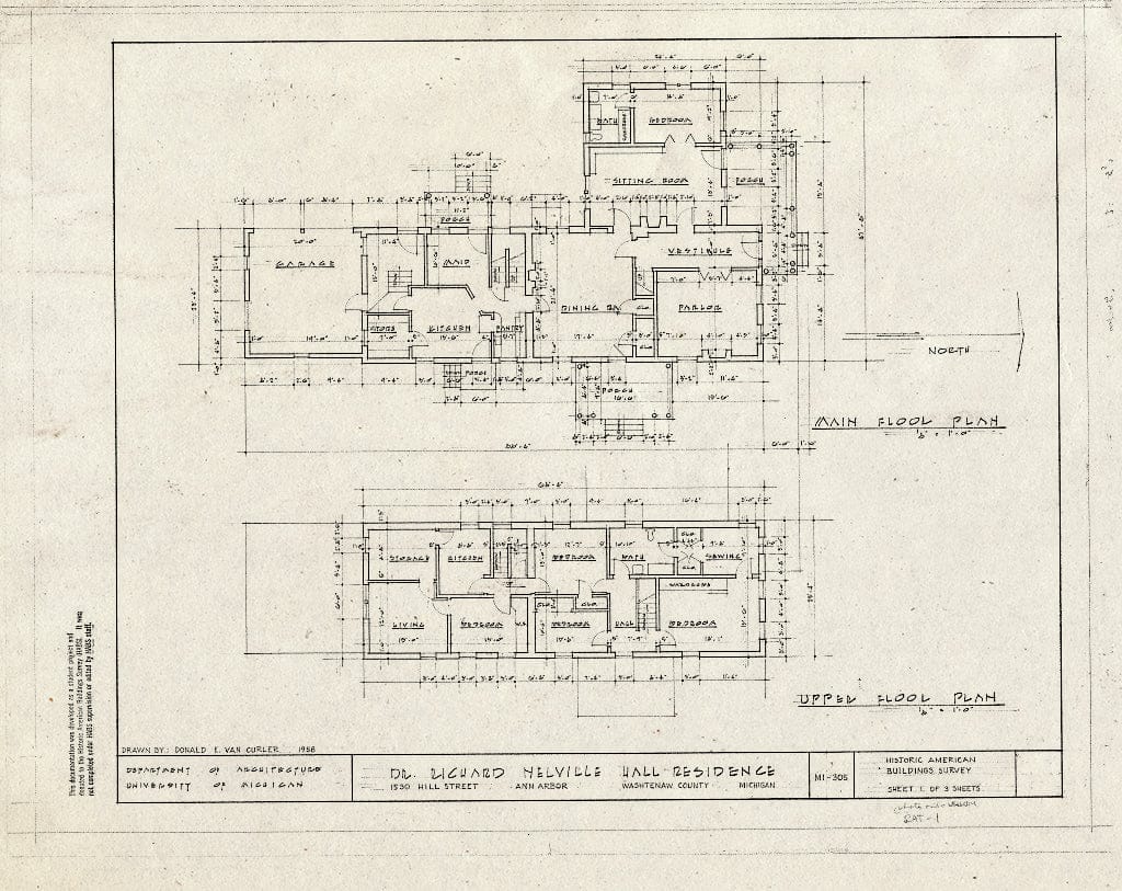 Blueprint HABS MICH,81-Anar,8- (Sheet 1 of 3) - Dr. Richard Neville Hall House, 1330 Hill Street, Ann Arbor, Washtenaw County, MI