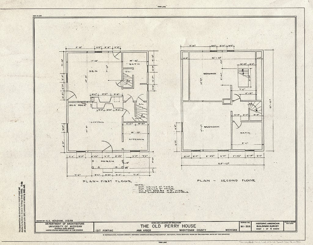 Blueprint HABS MICH,81-Anar,11- (Sheet 1 of 4) - Perry House, 1317 Pontiac Street, Ann Arbor, Washtenaw County, MI
