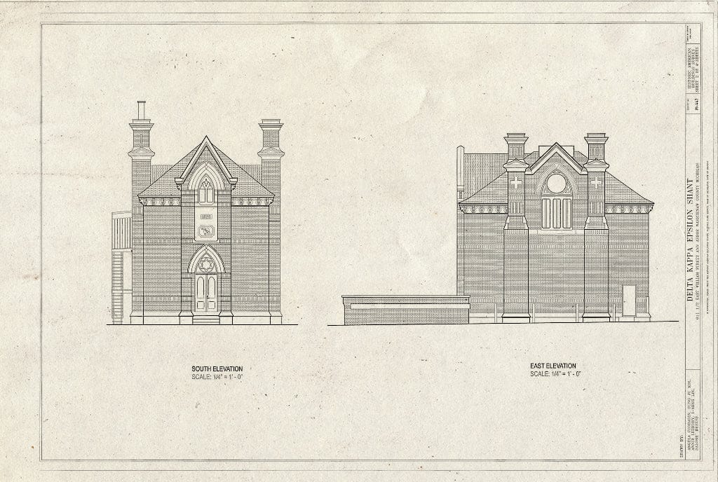 Blueprint South & East Elevation - Delta Kappa Epsilon Meeting House, 611 1/2 East William Street, Ann Arbor, Washtenaw County, MI