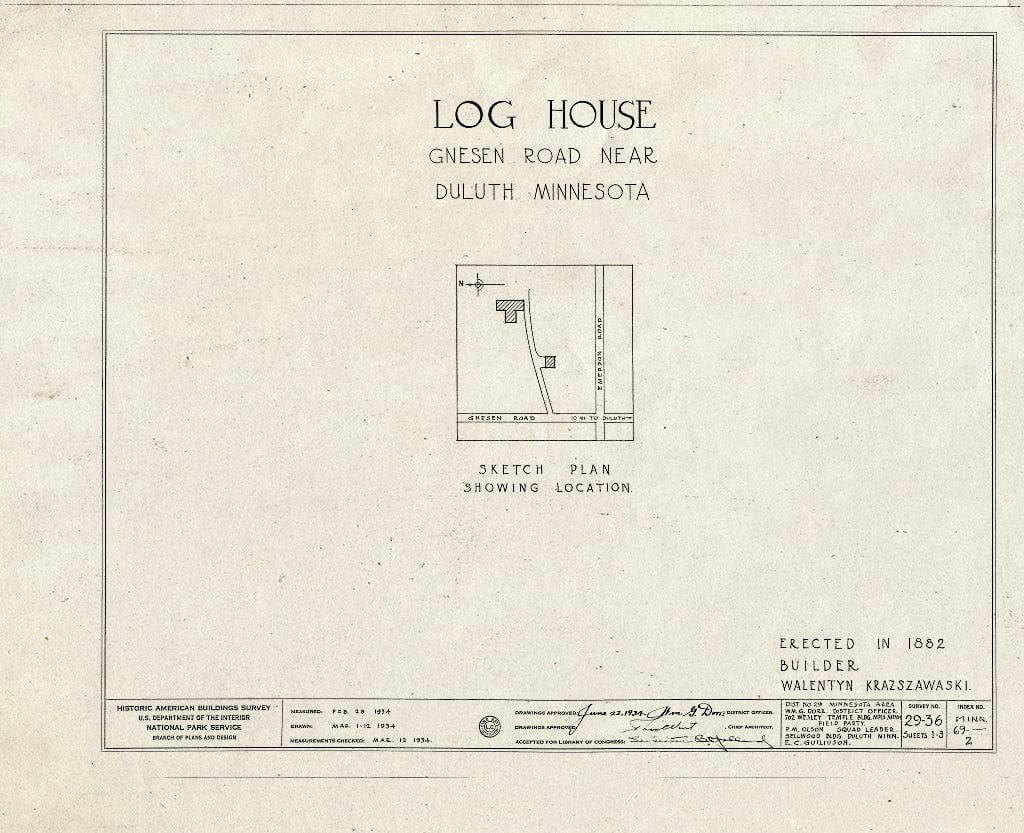 Blueprint HABS MINN,69,2- (Sheet 0 of 3) - Krazszawaski Log House, Gnesen Road, Duluth, St. Louis County, MN