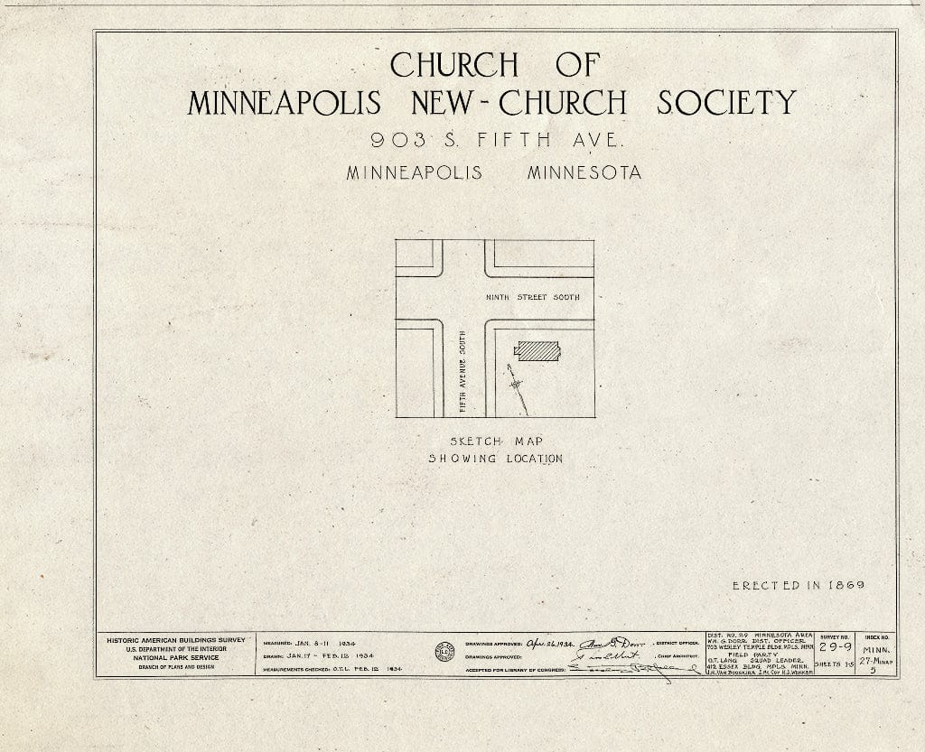 Blueprint HABS MINN,27-MINAP,5- (Sheet 0 of 5) - Church of Minneapolis, 905 Fifth Avenue, Minneapolis, Hennepin County, MN