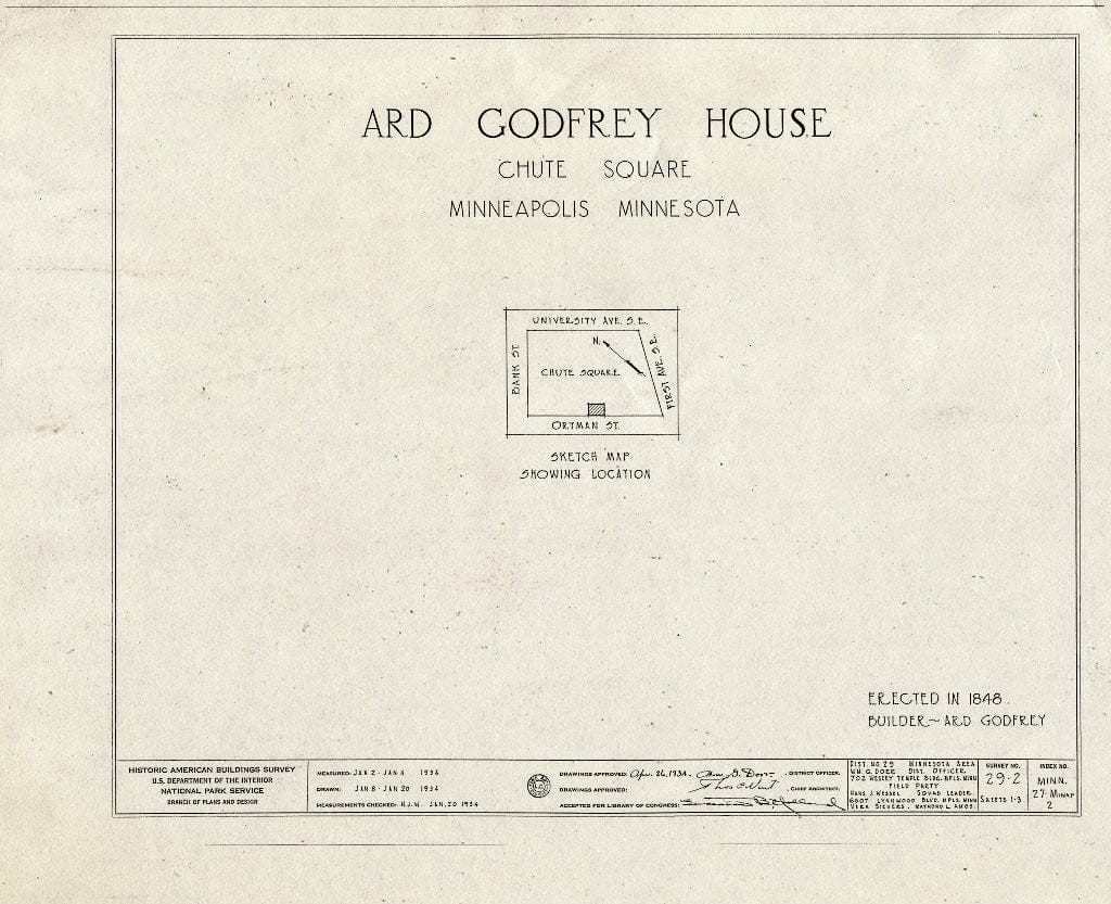 Blueprint HABS MINN,27-MINAP,2- (Sheet 0 of 3) - Ard Godfrey House, Ortman Street, Minneapolis, Hennepin County, MN