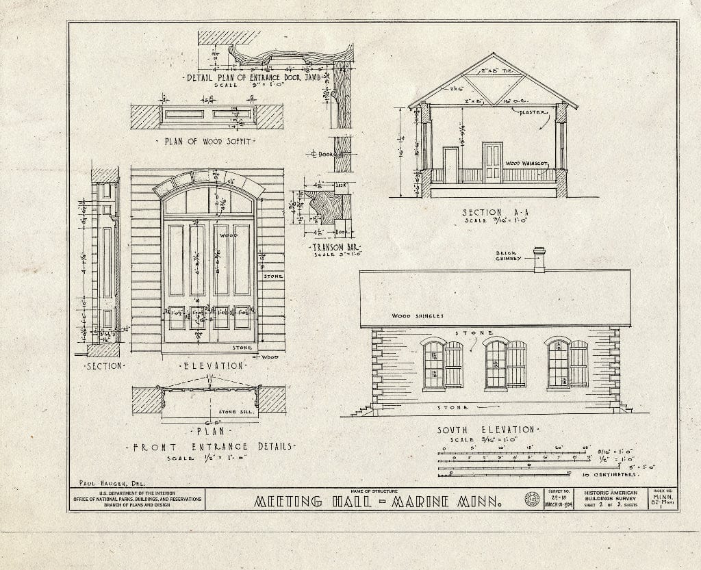 Blueprint HABS MINN,82-MARI,1- (Sheet 2 of 3) - Meeting Hall, Marine on Saint Croix, Washington County, MN