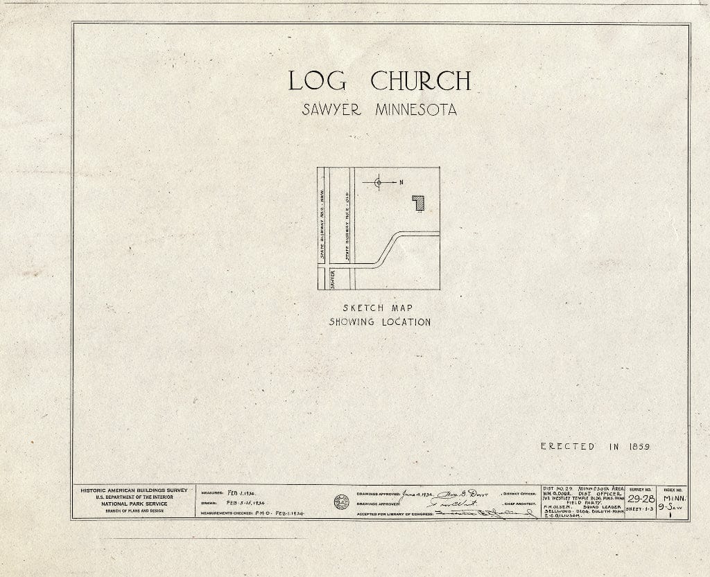 Blueprint HABS MINN,9-Saw,1- (Sheet 0 of 3) - Log Church, Sawyer, Carlton County, MN