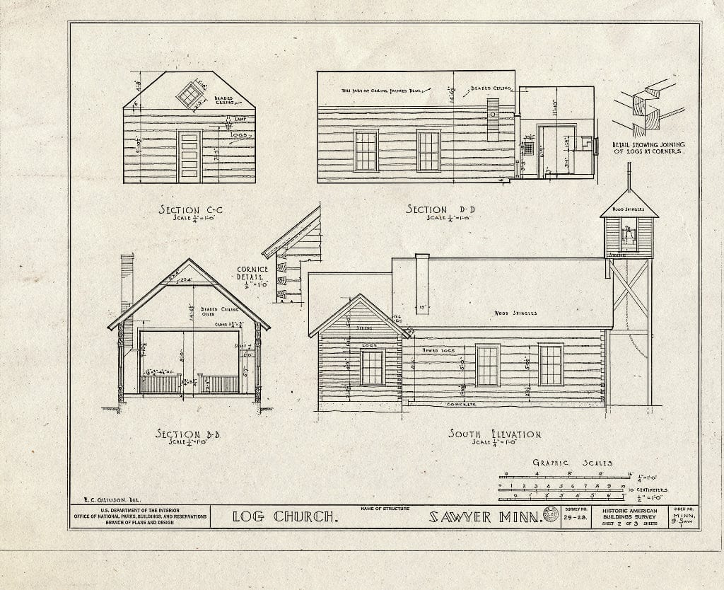 Blueprint HABS MINN,9-Saw,1- (Sheet 2 of 3) - Log Church, Sawyer, Carlton County, MN