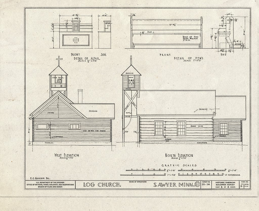 Blueprint HABS MINN,9-Saw,1- (Sheet 3 of 3) - Log Church, Sawyer, Carlton County, MN