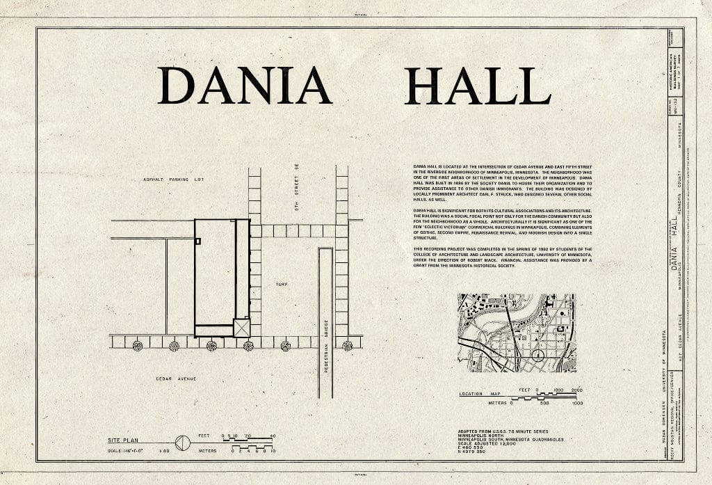 Blueprint HABS MINN,27-MINAP,29- (Sheet 1 of 7) - Dania Hall, 427-429 Cedar Avenue, Minneapolis, Hennepin County, MN