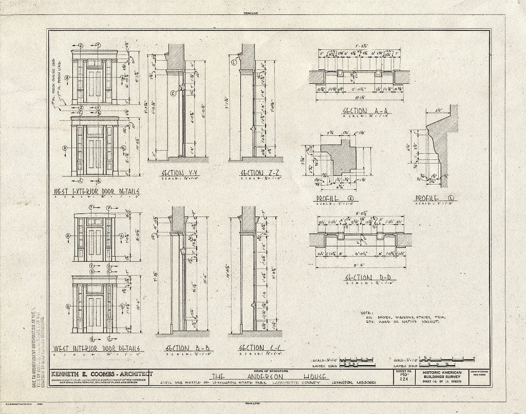 Blueprint HABS MO,54-LEX,1- (Sheet 14 of 14) - Colonel William Oliver Anderson House, Civil War Battle of Lexington State Park, Lexington, Lafayette County, MO