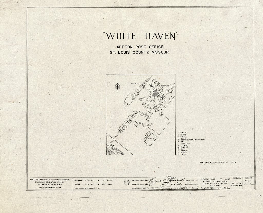 Blueprint HABS MO,95-AFT.V,1- (Sheet 0 of 3) - White Haven, 7400 Grant Road, Affton, St. Louis County, MO