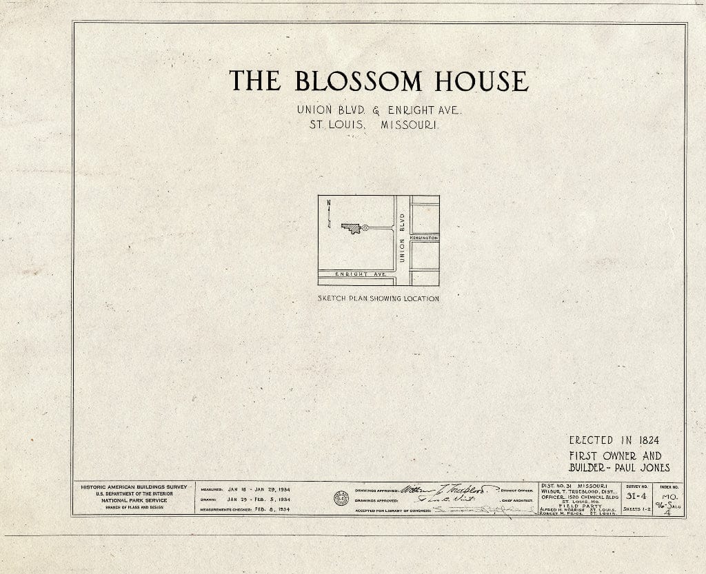 Blueprint HABS MO,96-SALU,4- (Sheet 0 of 2) - Blossom House, Union Boulevard & Enright Avenue, Saint Louis, Independent City, MO