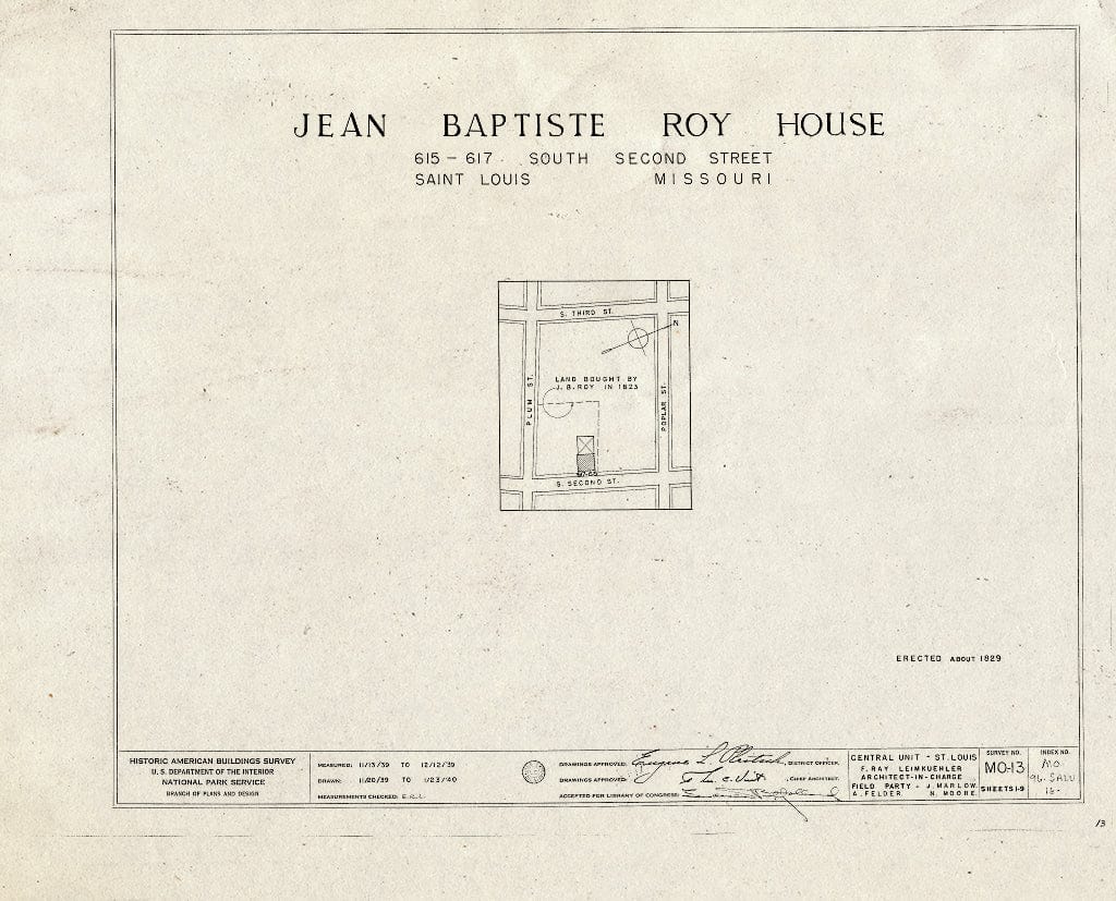 Blueprint HABS MO,96-SALU,16- (Sheet 0 of 9) - Jean Baptiste Roy House, 615 South Second Street, Saint Louis, Independent City, MO