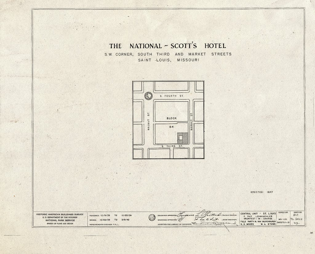 Blueprint HABS MO,96-SALU,43- (Sheet 0 of 21) - St. Louis River Front, New National Hotel, 300 Market Street, Saint Louis, Independent City, MO