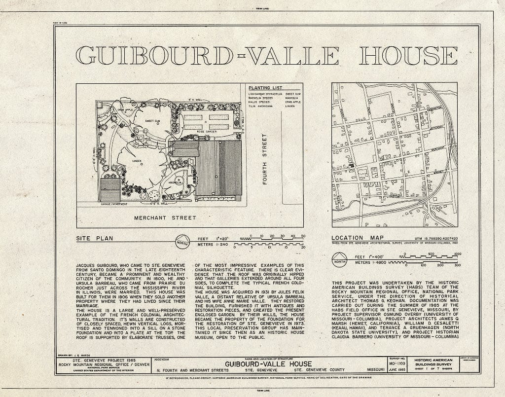 Blueprint HABS MO,97-SAIGEN,9- (Sheet 1 of 7) - Guibourd-Valle House, Fourth & Merchant Streets, Sainte Genevieve, Ste. Genevieve County, MO