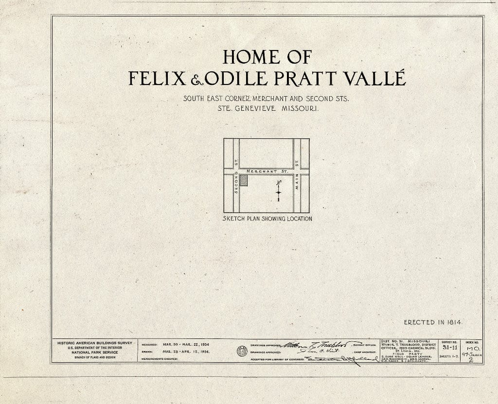 Blueprint HABS MO,97-SAIGEN,2- (Sheet 0 of 7) - Felix & Odile Pratt Valle House, Merchant & Second Streets, Sainte Genevieve, Ste. Genevieve County, MO